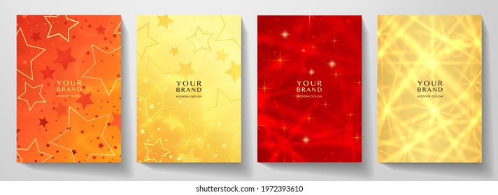 Modern holiday cover design set. Starry pattern with golden stars in gold, red color. Vector luxury collection background for Christmas catalog, brochure template, booklet, gift card