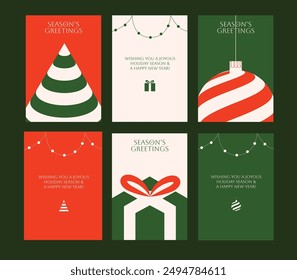 Modern holiday greeting cards with minimalist designs in red, green, and white. Featuring Christmas trees, ornaments, and gift boxes. Perfect for sending festive wishes with a stylish touch.