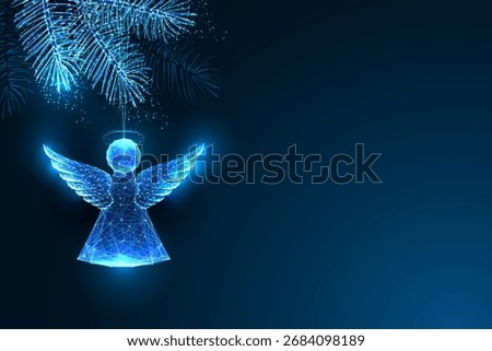 Modern holiday scene with glowing low poly angel hanging from sparkling pine branches. Great for greeting cards, seasonal branding, spiritual Christmas designs, digital templates. Vector illustration