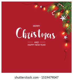 Modern holidays background with Christmas tree branches decorated with berries, stars and candy canes and christmas lights festive elements,Christmas background banner 