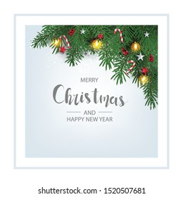 Modern holidays background with Christmas tree branches decorated with berries, stars and candy canes and christmas lights festive elements,Christmas background banner 