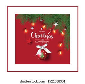 Modern holidays background with Christmas tree branches decorated with berries, stars and candy canes and christmas lights festive elements