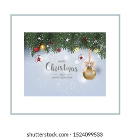 Modern holidays background with Christmas tree branches decorated with berries, stars and candy canes and christmas lights festive elements
