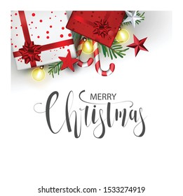 Modern holidays background with Christmas tree branches decorated with berries, stars and candy canes and gift Box for promotion banner elements festive winter holidays background 