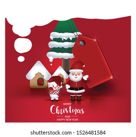 Modern holidays Christmas cartoon Santa Claus and Snowman background banner with Christmas tree branches decorated with berries, stars and candy canes and christmas lights festive,Christmas elements