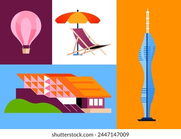 Vacaciones modernas en Turquía - conjunto de ilustraciones de estilo de diseño plano. Imágenes de colores de la torre de televisión Chamlydzha, globo aerostático volador, sombrilla y tumbona, Universidad de Ozyegin. Idea de vacaciones de verano