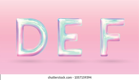 modern holographic alphabet letter D E F uppercase. vector of holographic font isolated on pastel background.