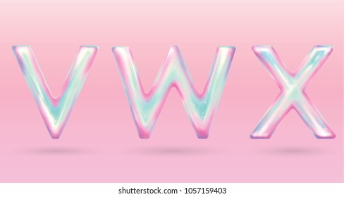 modern holographic alphabet letter G H I uppercase. vector of holographic font isolated on pastel background.