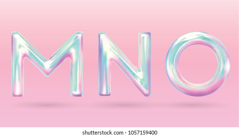 modern holographic alphabet letter M N O uppercase. vector of holographic font isolated on pastel background.