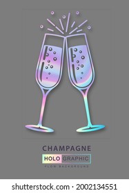 Modern holographic fluid two champagne glasses vector icon.