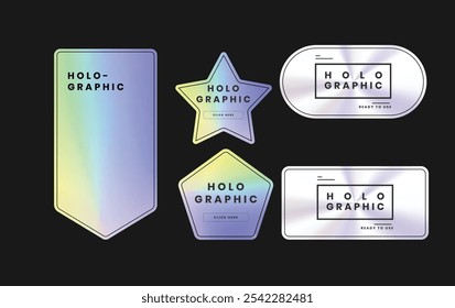 Modern Holographic Label Set with Geometric Shapes and Gradient Effects in EPS Vector Format for Stylish Branding and Design