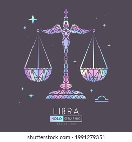 Tarjeta de hechicería holográfica moderna con signo de astrología Libra zodiac. Estilo poligonal. Ilustración de escalas