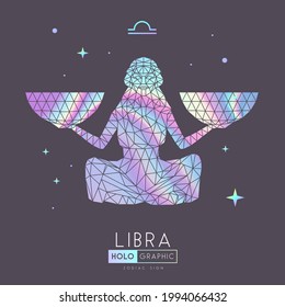 Tarjeta de hechicería holográfica moderna con signo de astrología Libra zodiac. Mujer poligonal con escalas