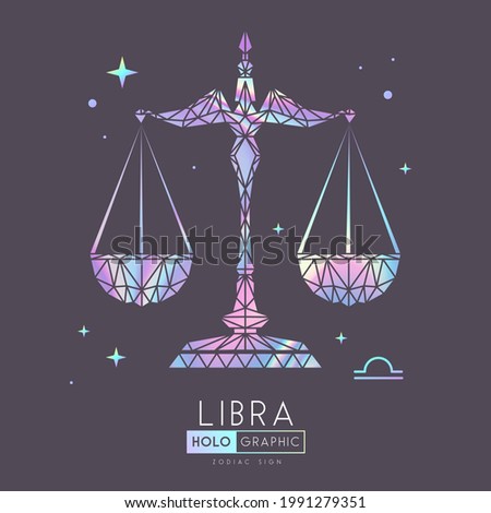 Modern holographic magic witchcraft card with astrology Libra zodiac sign. Polygonal style. Scales illustration