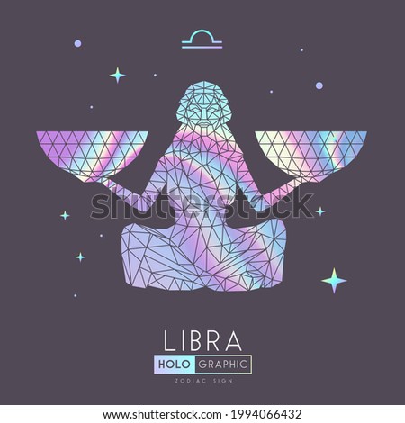 Modern holographic magic witchcraft card with astrology Libra zodiac sign. Polygonal woman with scales