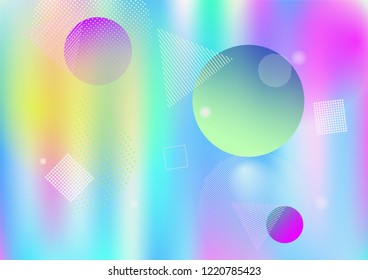 Modern holographic Memphis vector background. Horizontal gradient color overlay. Geometric minimal corporate identity holograph pattern. Falling chaotic dreamy Memphis wallpaper.