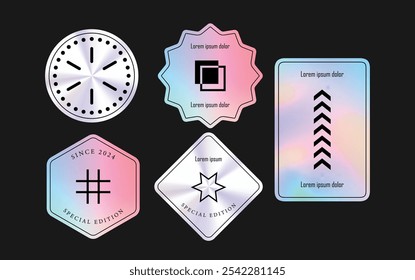 Modern Holographic Vector Badge Set with Abstract Geometric Design Elements for Trendy Branding and Labeling 