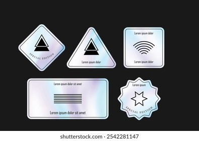Modern Holographic Vector Badge Set with Abstract Geometric Design Elements for Trendy Branding and Labeling 
