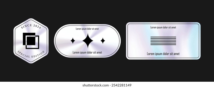 Modern Holographic Vector Badge Set with Abstract Geometric Design Elements for Trendy Branding and Labeling 