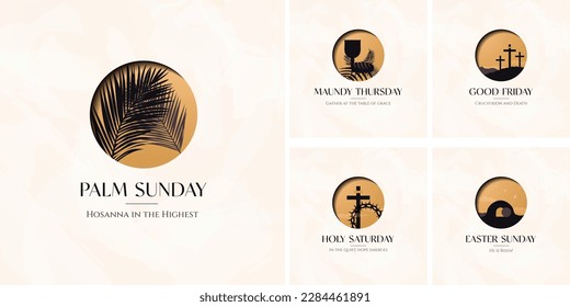 Modern Holy Week Poster Set. Religious Icon Poster collection.  Palm Sunday, Maundy Thursday, Good Friday, Holy Saturday, Easter Sunday. Editable Vector Illustration. EPS 10.