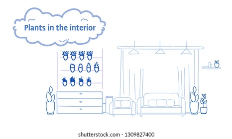 modern home apartment living room interior design with plants on wall empty no people sketch flow style horizontal