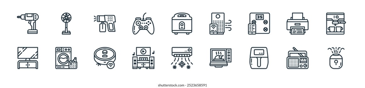 pacote de ícones de eletrodomésticos modernos. perfeito para projetos de iu linear com umidificador vetorial, antena de rádio, fritadeira de ar, forno, ar condicionado, home theater, aspirador de pó e mais ícones para celular