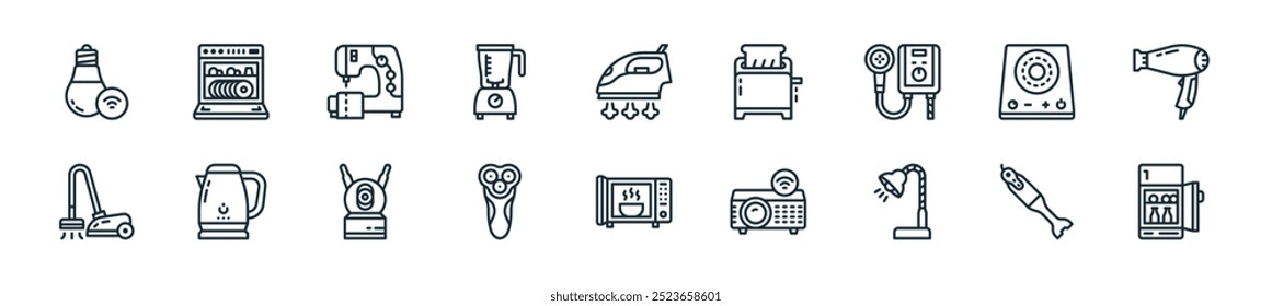 Icono de electrodomésticos modernos: perfecto para diseños de interfaz de usuario lineal con nevera de Vector, mezclador, mesa de lámpara, proyector, microondas, afeitadora, cámara de seguridad y más íconos para App móviles y de Web.