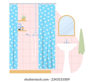Modern home bathroom design interior with shower behind curtains on rack and sink vector illustration