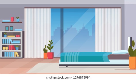 modern home bedroom interior design contemporary bed room empty no people apartment window cityscape background flat horizontal