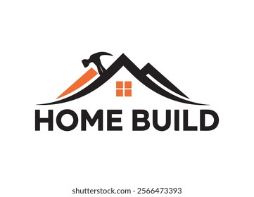 Modern "Home Build" logo with roof, hammer, bold typography, and tagline. Represents construction, craftsmanship, innovation, and professional home improvement branding