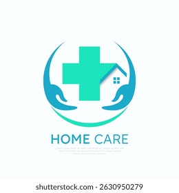 Modern home care logo with medical cross, house, and protective hands, symbolizing healthcare service at home with safety and care.