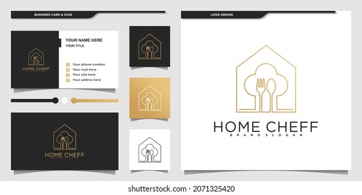 Modern home chef logo design with creative line art style and business card Premium vektor