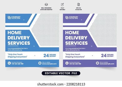 Modern Home Delivery Service Business Promotion Template Vector. Groceries And Food Delivery Service Social Media Post Design With Purple And Blue Colors. 24 Hours Home Delivery Business Template.