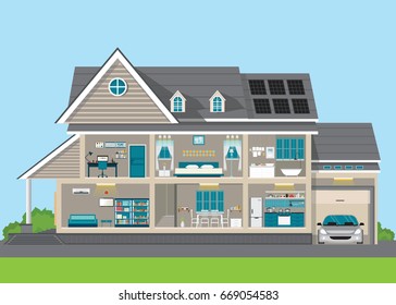 Modern home design exterior and interior room with furniture. Flat style vector illustration.