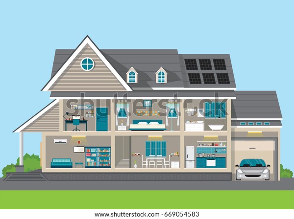 Modern home design exterior and\
interior room with furniture. Flat style vector\
illustration.