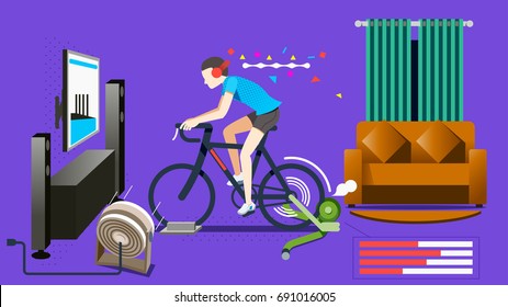 Modern Home exercise concept. Trainer bike stand at the house in 1985 graphic trend concept. 