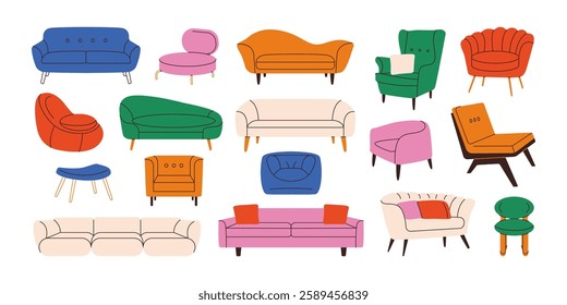 Modern home furniture. Cozy sofas, chairs, armchairs, ottomans, and couches with cushions, living room interior with stylish upholstered seats cartoon flat style. Vector set