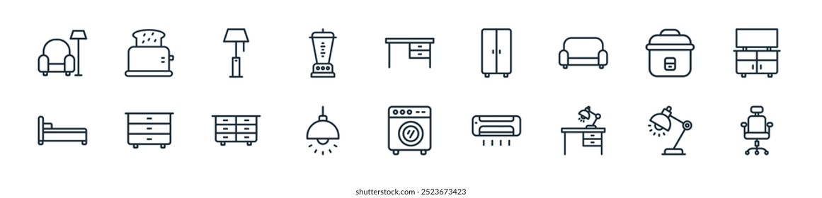 Perfecto para diseños de interfaz de usuario lineal con silla de oficina de Vector, lámpara de mesa, escritorio, aire acondicionado, lavadora, lámpara de techo, cajón y más iconos para móviles y Web