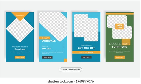 Modern home furniture social media stories template banner set. Vector illustration EPS 10