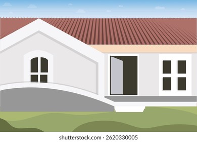 Modern Home for a happy family on Father's Day. Green landscape in front of the house concept, vector illustration design background