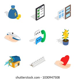 Modern home icons set. Isometric set of 9 modern home vector icons for web isolated on white background