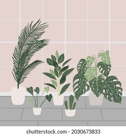 Modern home interior. Balcony with plants. Bohemian, mid century interior style. Vector illustration.