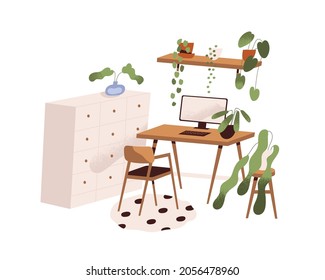 Modern home interior design. Scandinavian room with cozy stylish workplace, computer, table, chair, cabinet and house plants in pots. Colored flat vector illustration isolated on white background