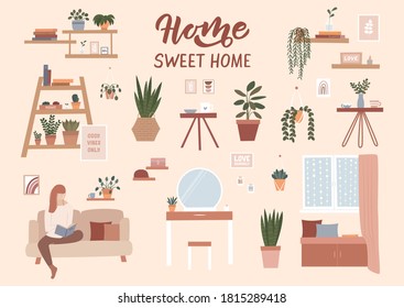 Modern home interior elements - potted plants, bookshelves, posters, furniture. House plants flat illustrations. Vector illustration