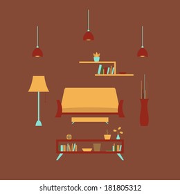 Modern home interior. Flat design. Living room elements. Simple decoration. Sofa, footrest, lamp, shelf, table, books, plants, vase, plates, clock. Retro apartment template. Easy to edit.