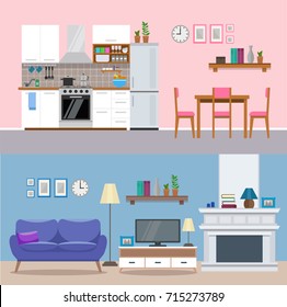 Modern home interior, kitchen and living room of an apartment. Flat style, vector illustration