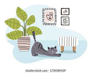 Modern home interior in light colors with a cat. Color illustration on a white background.