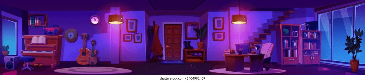 Modern home interior at night. Vector cartoon illustration of dark room with musical instruments, piano and guitar, armchair near desk with computer, books on shelves, staircase leading upstairs