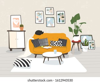Modern home interior in trendy scandinavian hugge design. Beautiful Nordic style apartment. Living room with sofa, furniture, flowers. Vector illustration.