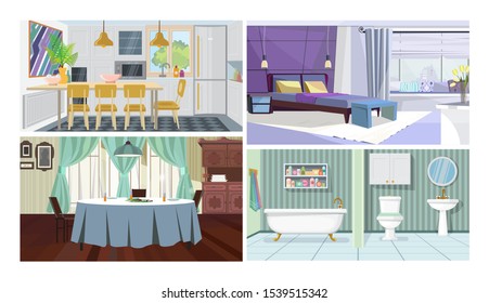 Modern home interior vector illustration set. Kitchen with dining table, bedroom in city flat, traditional dining room, bathroom. Housing concept